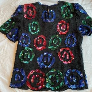 Lawrence Kazar hand beaded silk top made in India Sz L holiday festive evening